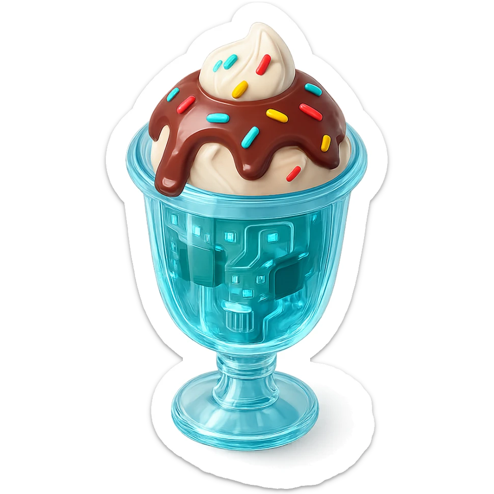 3D glossy ice cream sundae in tall glass with chocolate sauce drizzle, rainbow sprinkles, shiny highlights sticker