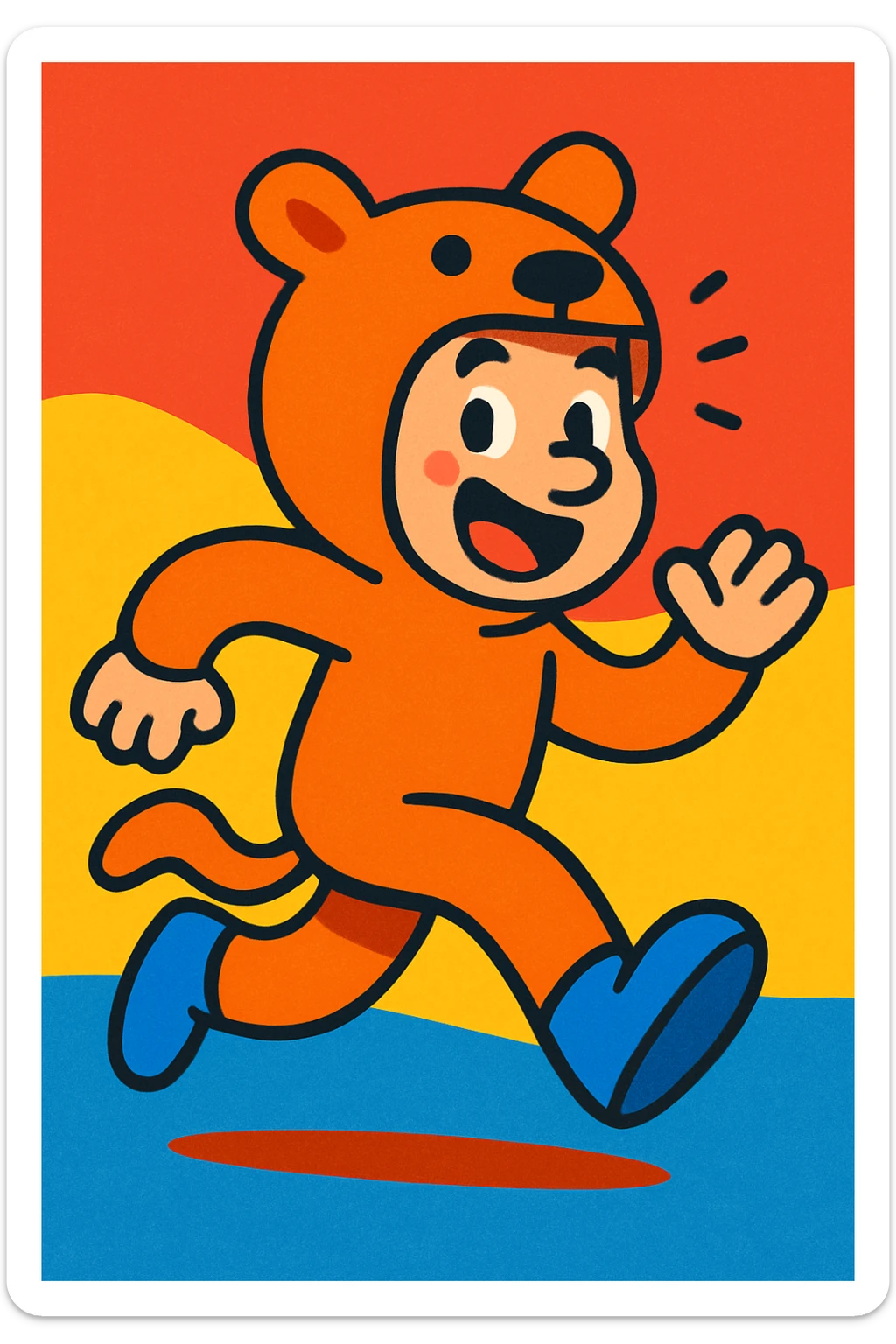 man in an animal costume running, playful style, bright colors, energetic cartoon style sticker