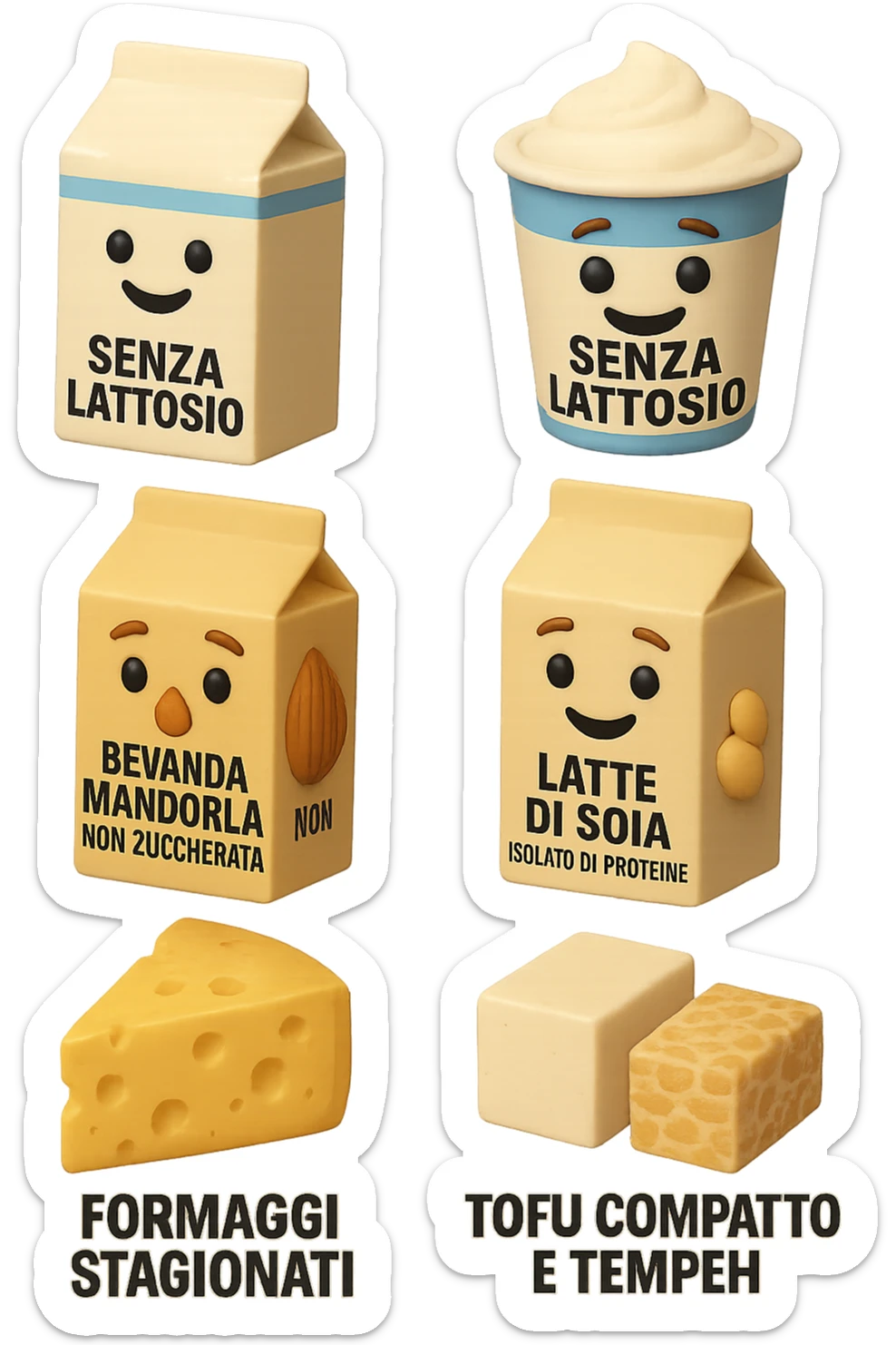 emoji stile iphone 3d di questi elementi che fluttuano in aria:

Latte e yogurt delattosati
Latte di mandorla (non zuccherato)
Latte di soia da proteine isolate
Formaggi stagionati (es. parmigiano)
Tofu compatto e tempeh
 che fluttuano in aria,  le etichette scrivile in italiano, iperealistico 4k sticker