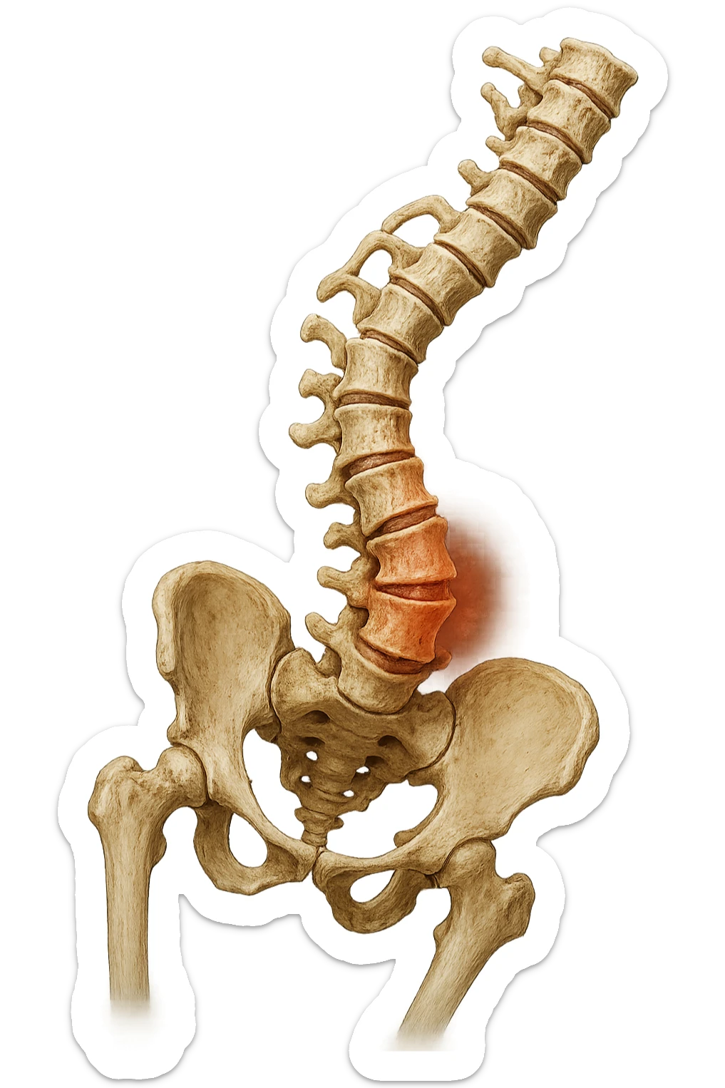 SPINA DORSALE STORTA E INFIAMMATA CON BACINO UMANO ANATOMICO REALISTICO INCLINATO, iperrealistica 4k sticker