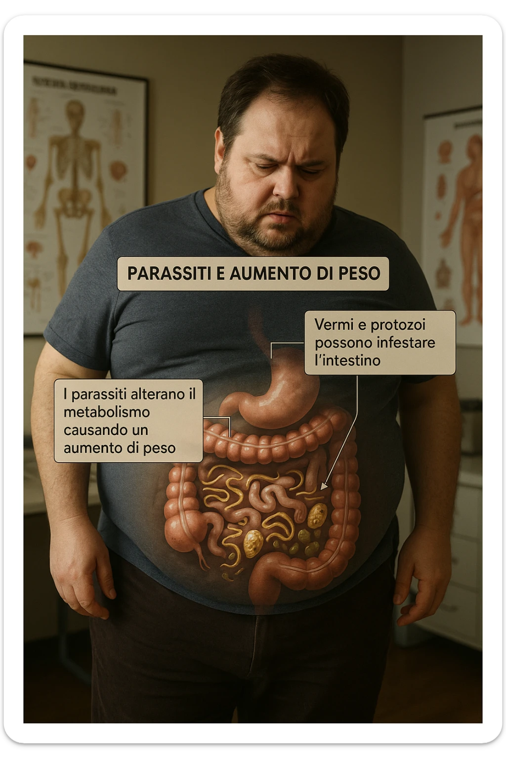 cinematic photo an overweight man is shown with a semi-transparent abdomen, highlighting the intestines filled with various types of parasites (such as worms or protozoa). Educational callouts explain how these parasites can disrupt metabolism and contribute to weight gain. The setting is a medical office, with charts and diagrams in the background. in italiano sticker