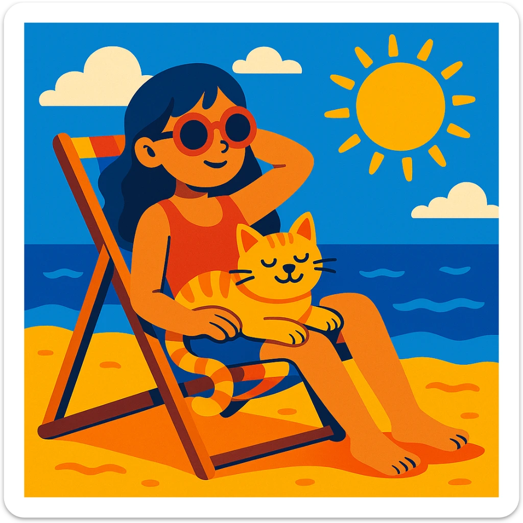 girl sitting in a beach chair with her cat, sunny summer day, vibrant toon style sticker