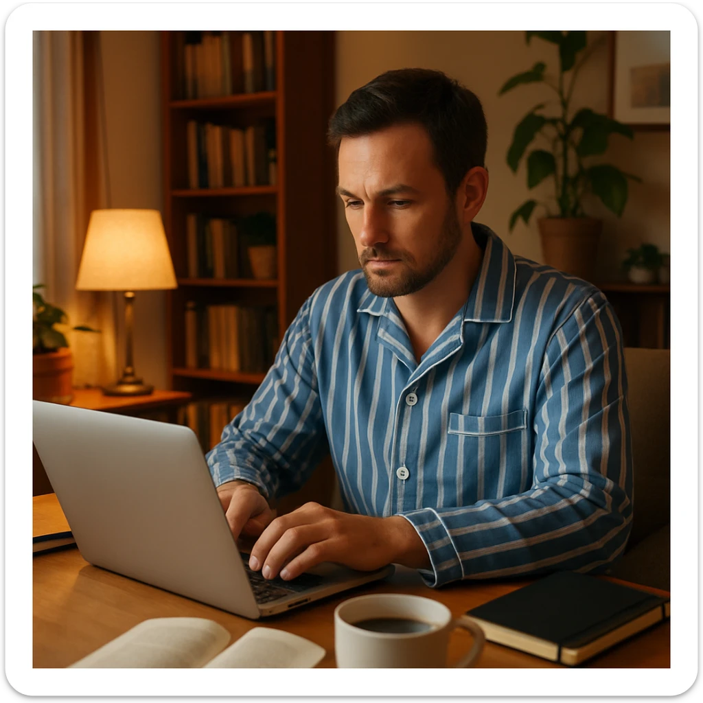 man in striped pajamas, focused on laptop, home office vibe, cozy and productive setting sticker