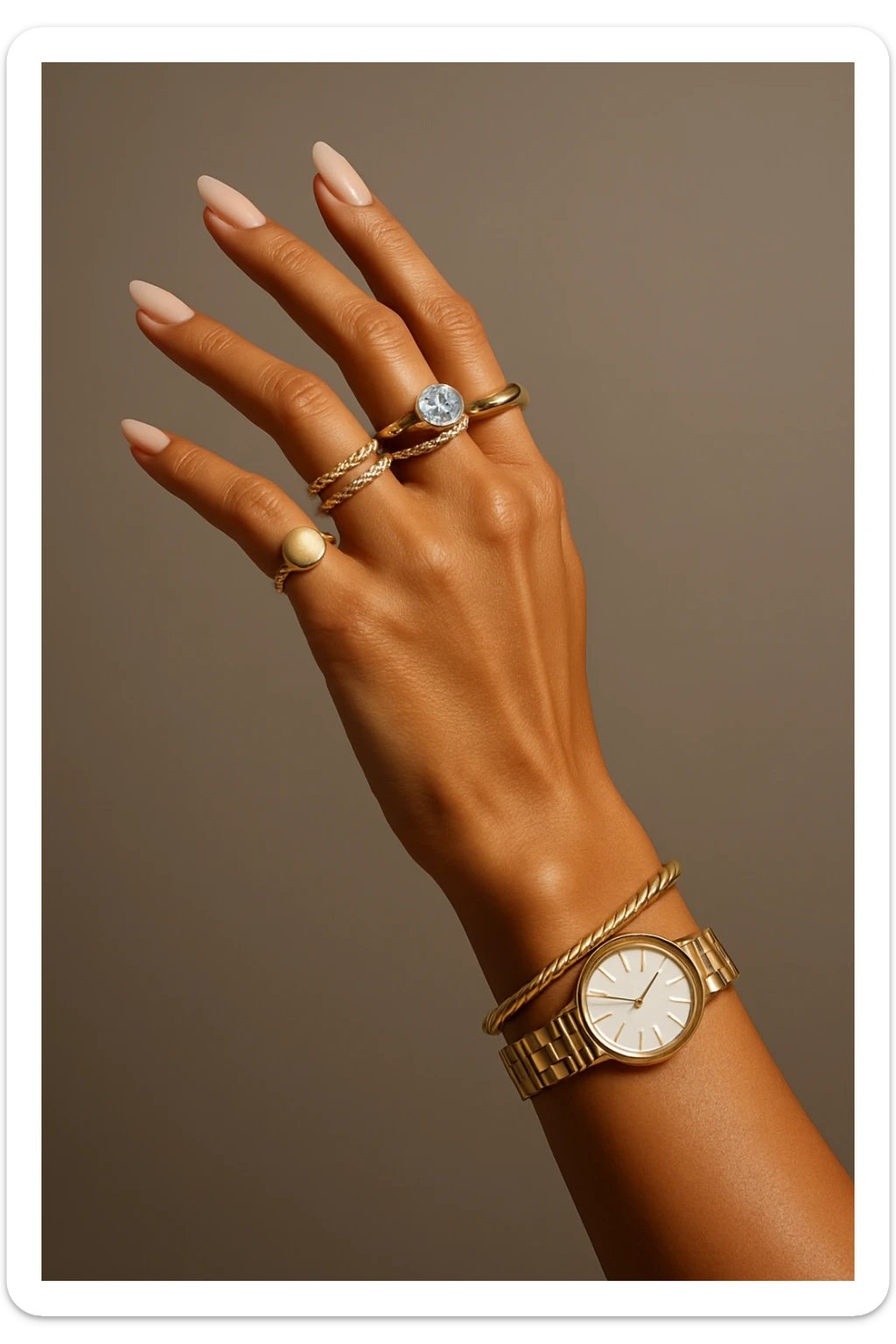 a tanned female hand adorned with lots of rings, graceful pose, fashion, shiny accessories sticker