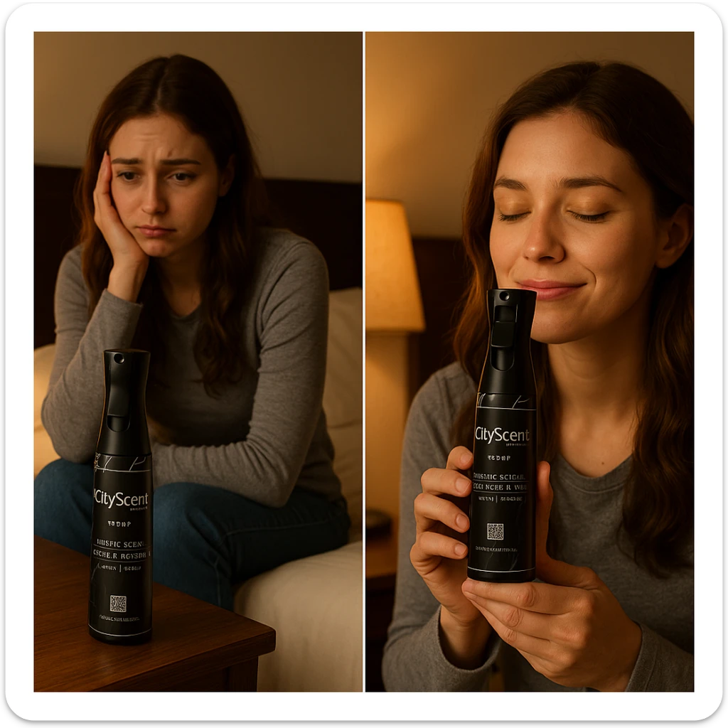 Add the CityScent fabric scent fragrance oil product clearly visible on a table inside the bedroom next to the girl. The scene is realistic, showing a girl in a bedroom looking sad, then smelling the scent with her mood changing to relaxed. Focus on making the product distinct and the mood transition evident. sticker