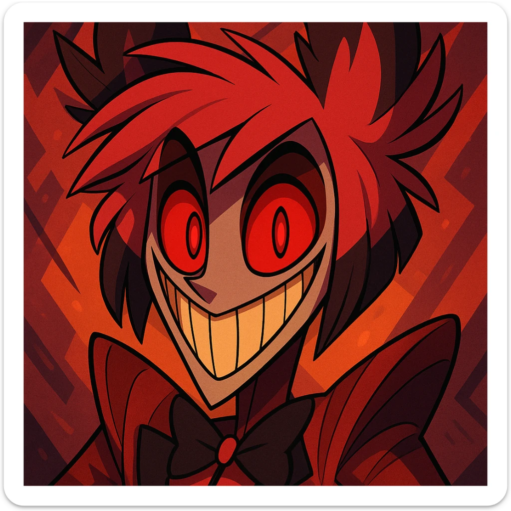 Alastor from Hazbin Hotel, close-up portrait in unique cartoon style, emphasizing his signature smile and red eyes, no text sticker