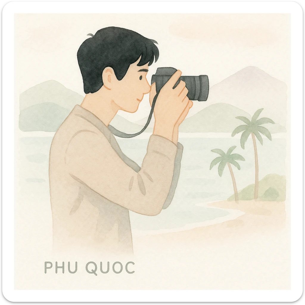 soft watercolor illustration in a minimalist modern style of a black-haired man holding a professional camera taking pictures in a scenic location of Phu Quoc island, pastel colors, delicate linework, gentle whimsical mood, minimal soft shading sticker