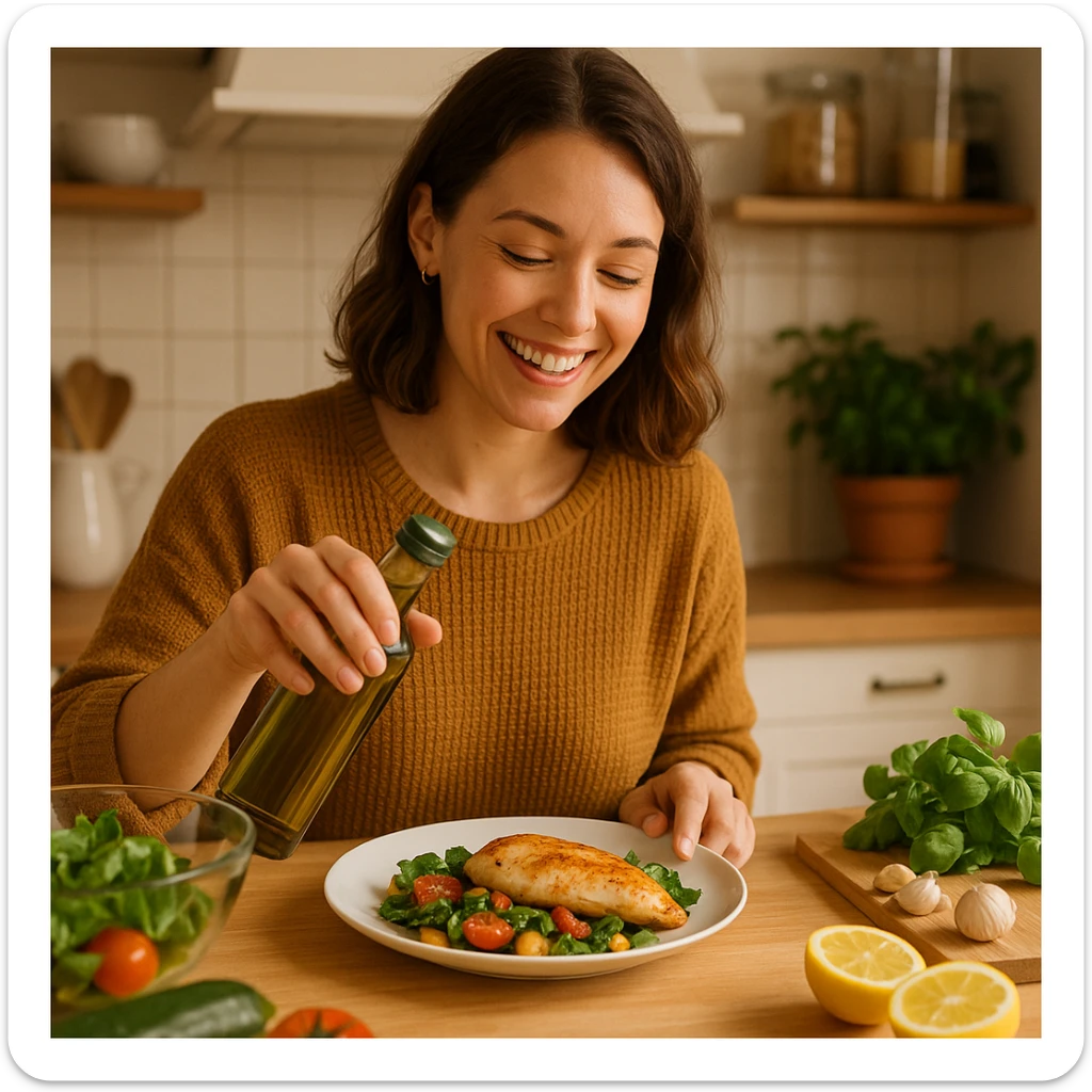 donna che usa olio d'oliva contenta nel suo piatto con petto di pollo sticker