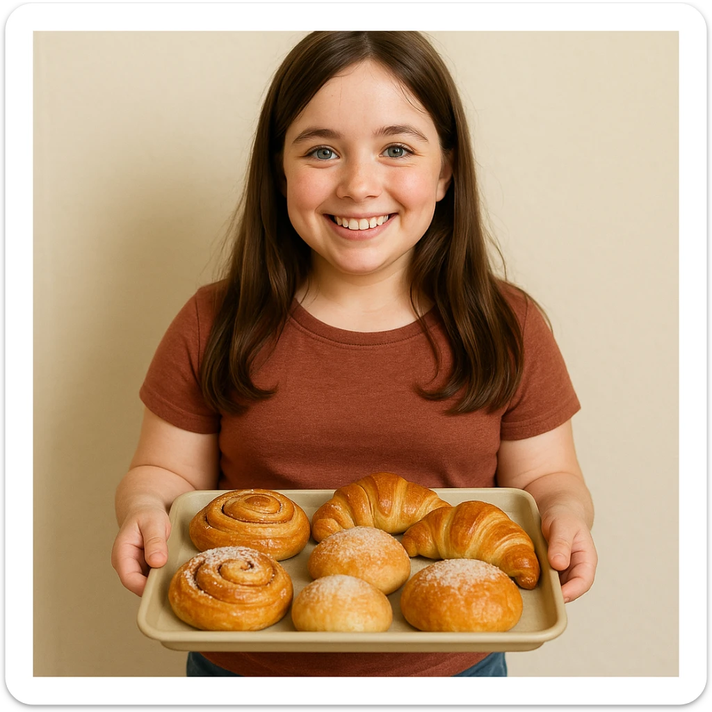 sweet brunette girl with short legs, long hair, light eyes, smiling while holding a tray of baked goods sticker