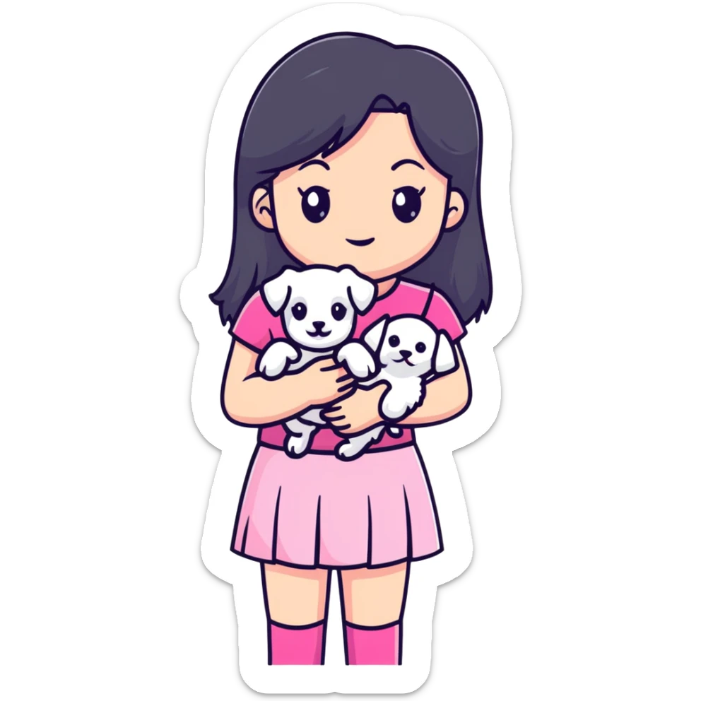 beautiful girl with long hair in pink top and skirt holding a small white Maltese puppy sticker