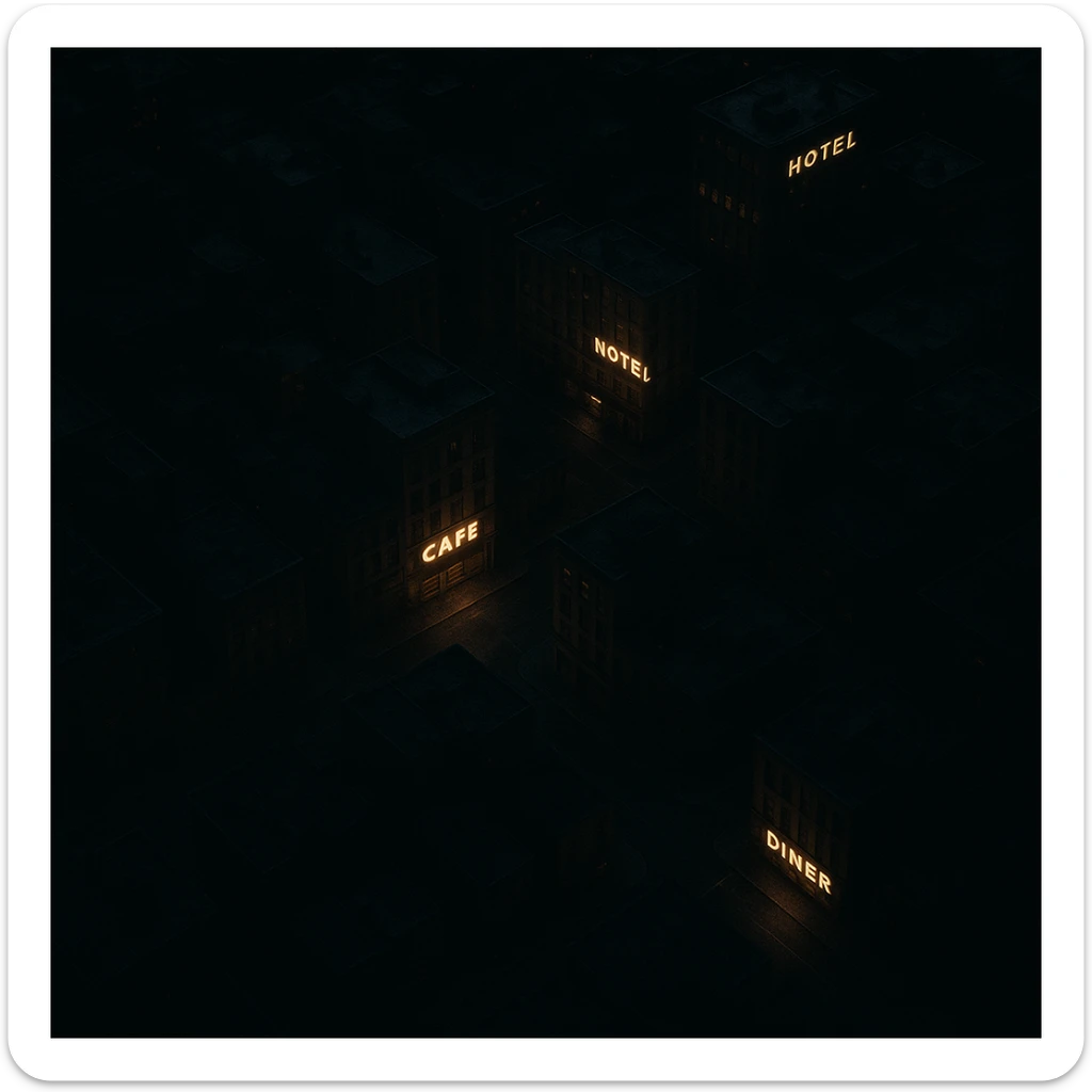 Realistic top-down view of a night city, all in shadow, only establishments glowing, dark and moody, photorealistic style sticker