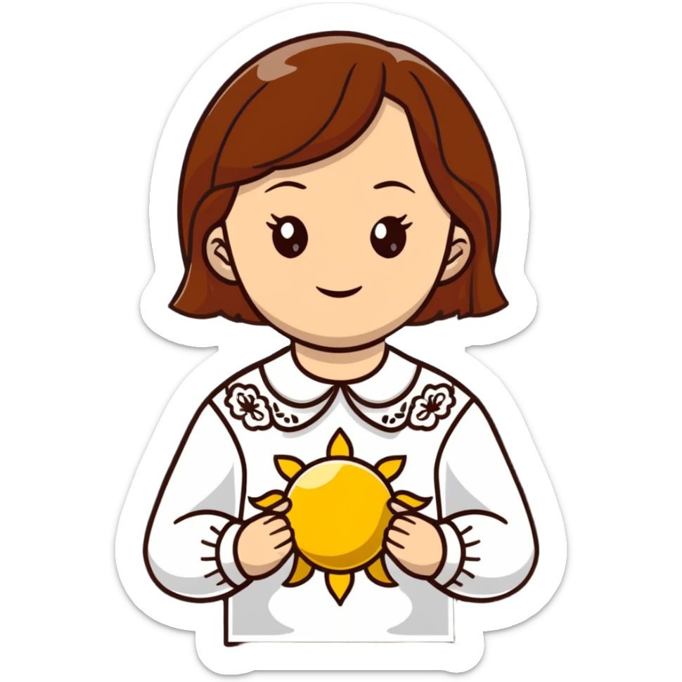 A young Ukrainian girl with brown hair wearing a traditional white embroidered shirt carefully holds a bright sun in her hands sticker