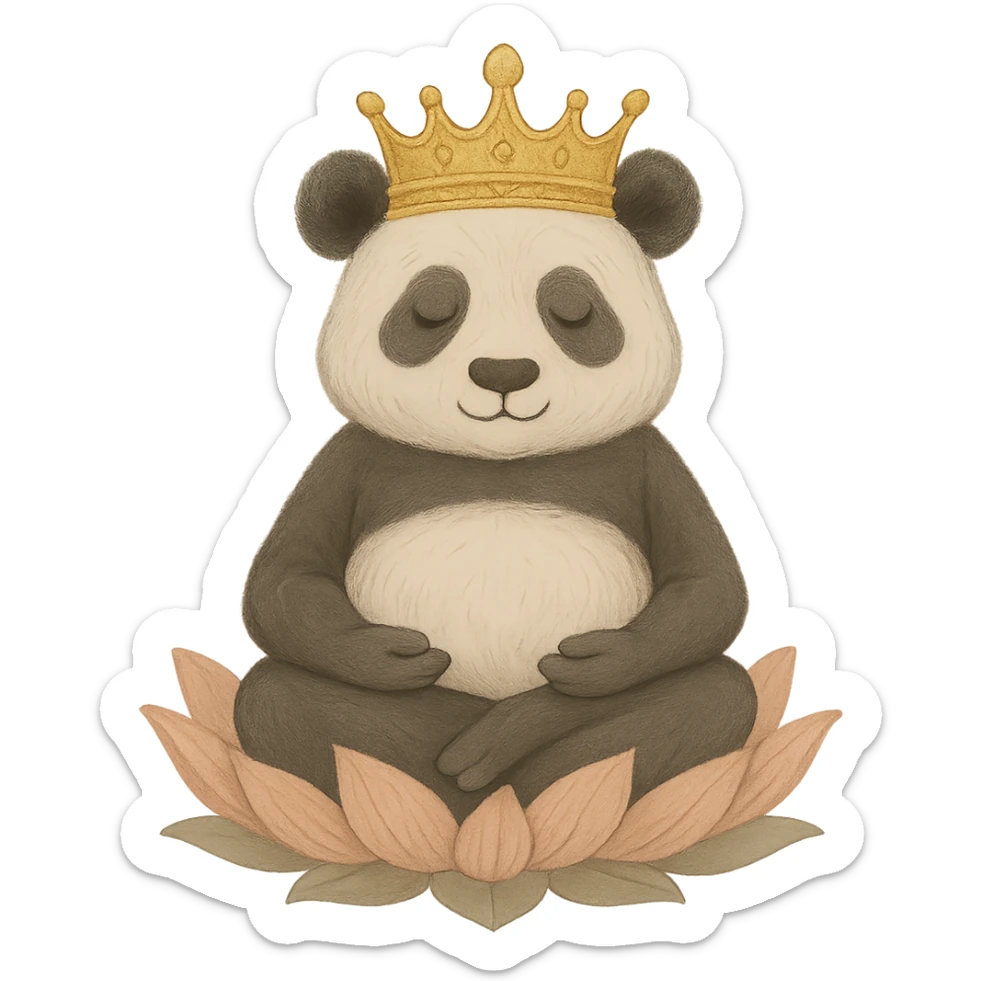 Add a crown to the panda sitting on the lotus, maintaining the serene and harmonious style. Remove the background to isolate the subject. Keep the serene and harmonious atmosphere of the original image. sticker