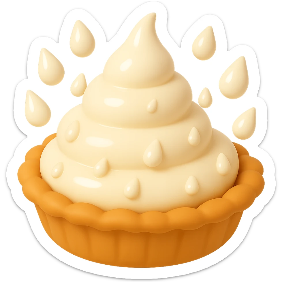 Frame 8 of 15: Cream pie with seven cream droplets, playful 3D emoji style, golden brown crust, same angle as reference sticker