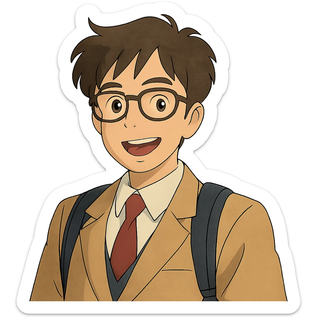 universitario sonriente con gafas, estilo ghibli sticker