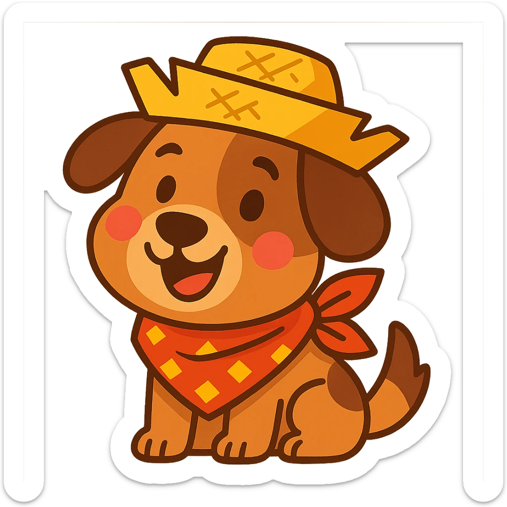 cute dog wearing straw hat and scarf, festa junina style, colorful, adorable sticker