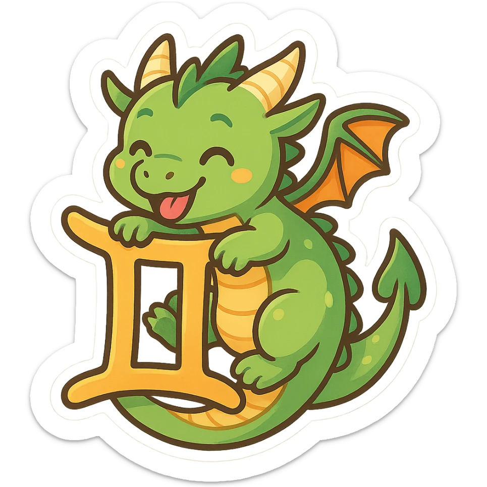 a playful dragon wrapped around the Gemini sign, vibrant emoji style, colorful, lively sticker