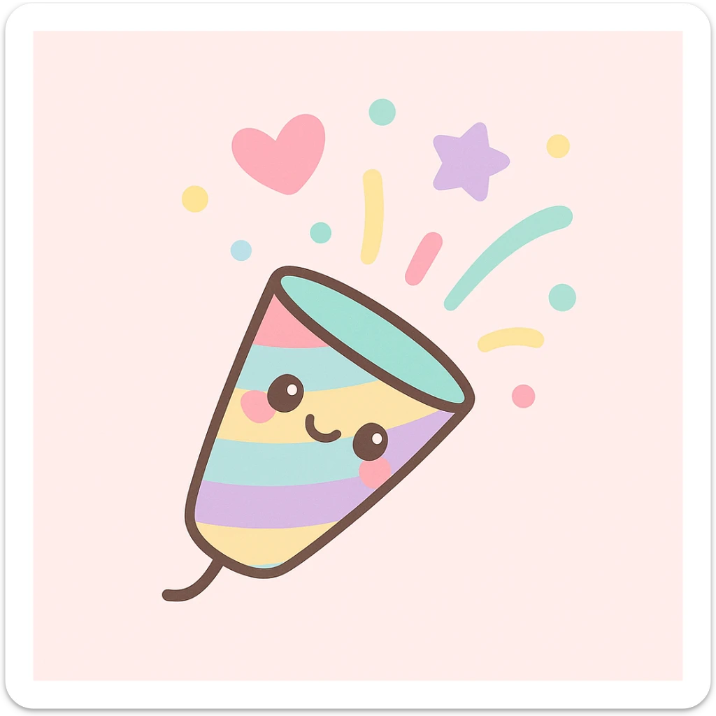 cute colorful party popper, cheerful, confetti bursting out, bright colors, simple background sticker