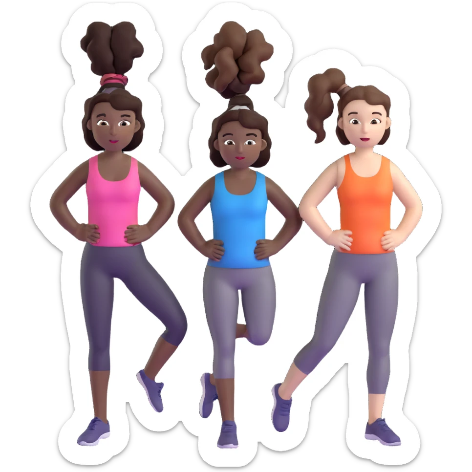3 women exercising. The woman on the left has pale white skin and curly brown hair in a ponytail. The woman in the middle has black skin and curly black hair. The woman on the right has pale white skin and straight, brown hair in a ponytail. sticker