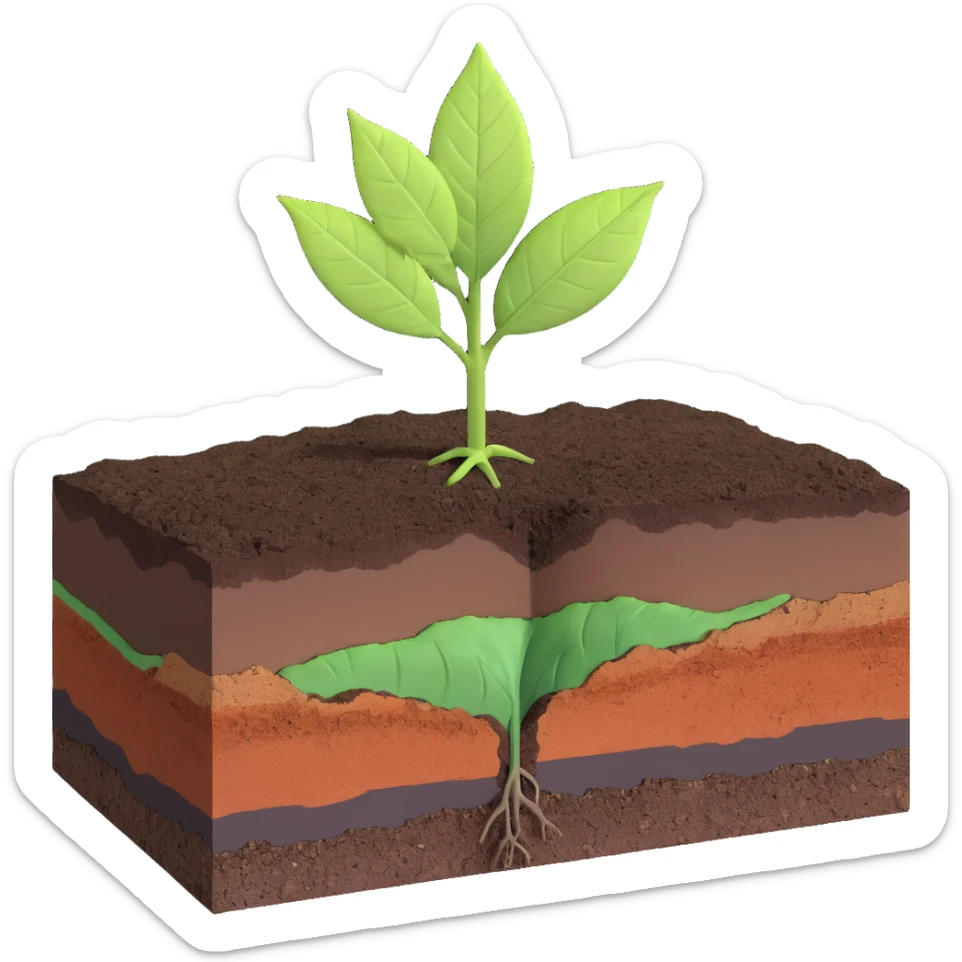A fresh green leaf resting on the surface of a cross-section of the Earth, where soil and underground layers are visible beneath. Natural lighting, realistic textures. sticker
