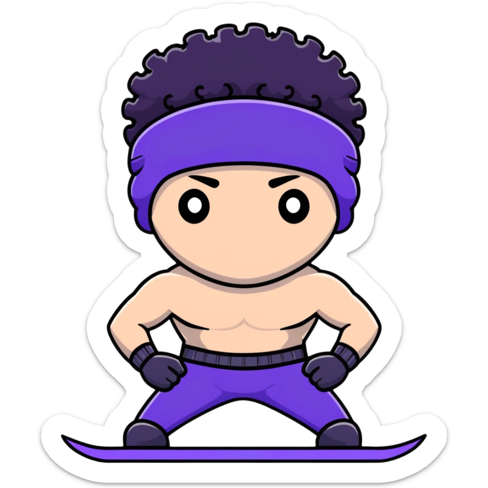 shirtless athletic man with white skin and black curly hair, wearing a purple ski mask sticker