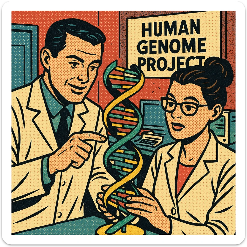 A male and female scientists carrying out medical research in a modern science lab.  A sign on the door in the background reads 'Human Genome Project' and the two scientists are studying the structure of DNA. There are computers from the 1990s in the background. sticker
