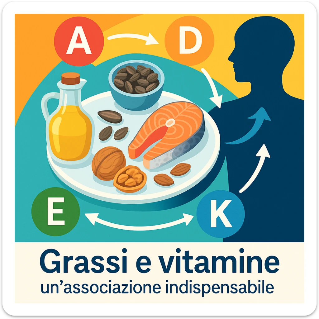 modern infographic with plate containing good fats oil, seeds, fish, nuts and icons of vitamins A, D, E, K being absorbed, arrows showing process, Italian caption 'Grassi e vitamine: un’associazione indispensabile', colorful background sticker