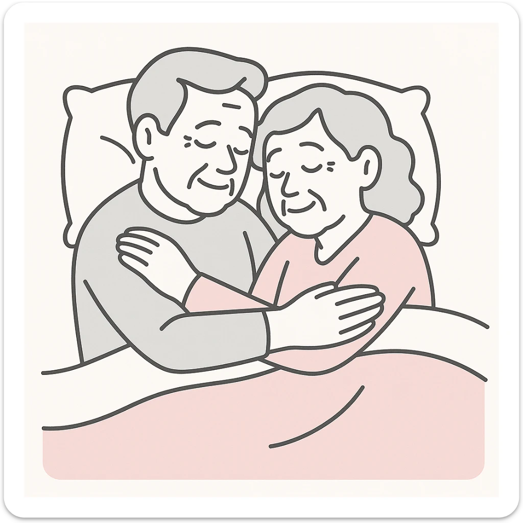 Make the couple look older with visible signs of age such as gray hair and gentle wrinkles, keeping the soft, peaceful, and cozy bed illustration style with warm and comforting colors. sticker