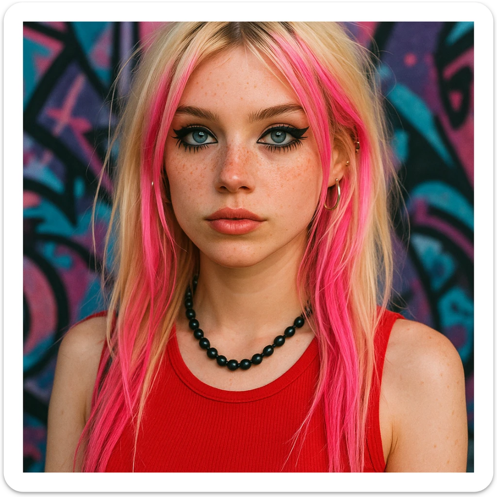 Punk Y2K blonde girl, blue eyes, long hair with pink highlights, subtle black eye makeup, freckles, fake eyelashes, red top, black necklace. sticker
