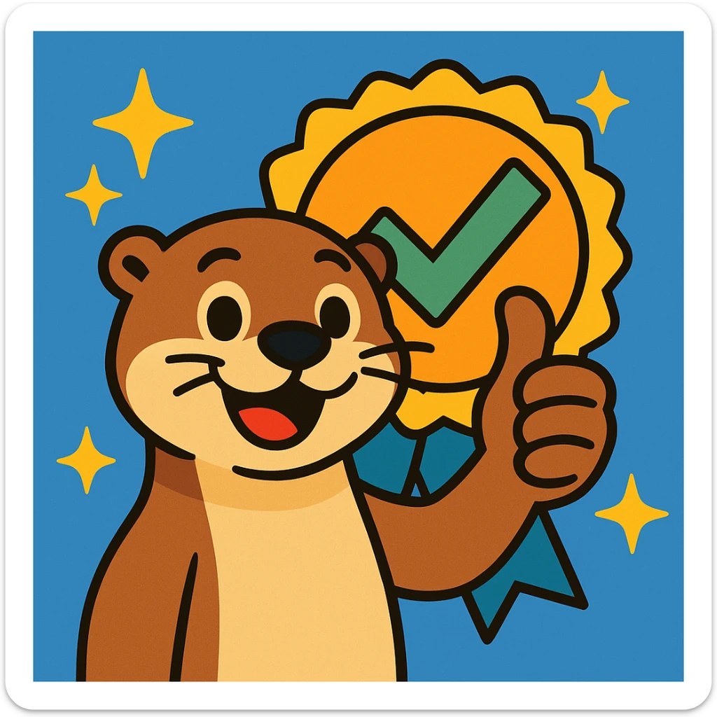 otter giving a thumbs up, surrounded by stars and an approval badge in the background, playful style sticker