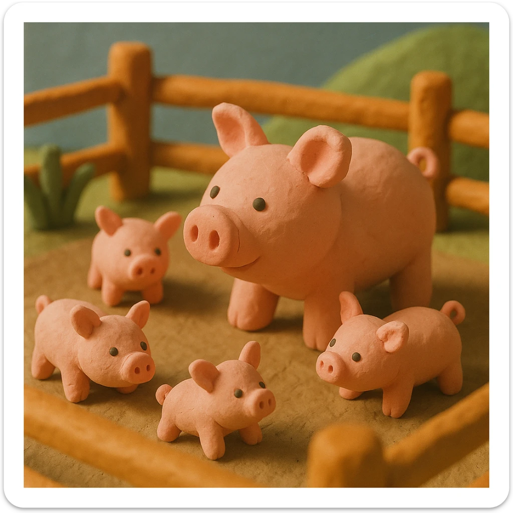 claymation style pig in a pig pen with several piglets, playful, pastel colors, visible fingerprints, textured look sticker