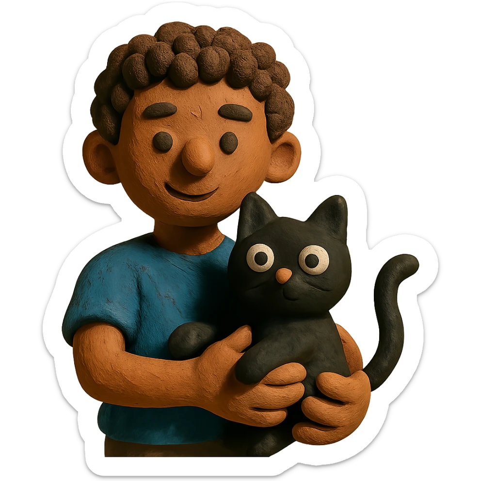young male with brown light skin, slightly curly hair, holding a black cat sticker