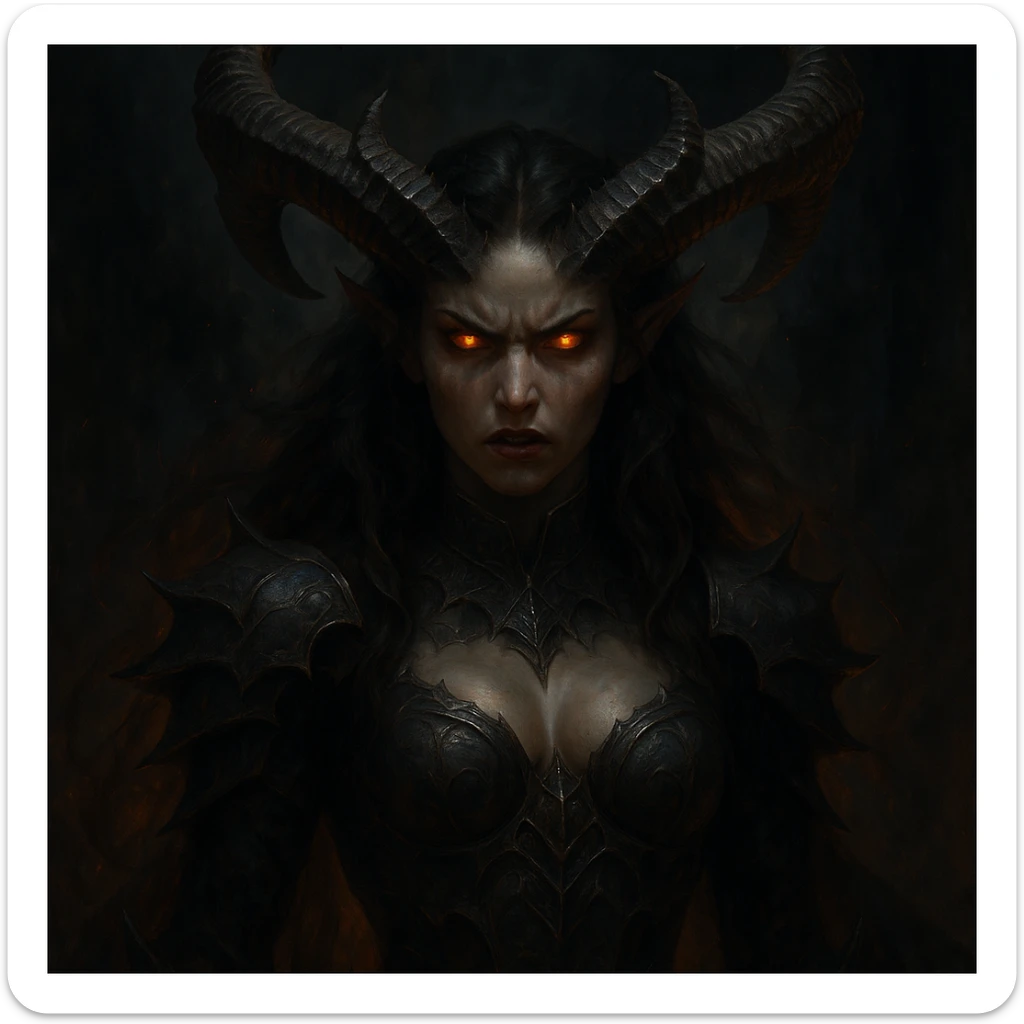 demon queen with horns and brown hair, fierce expression, glowing eyes, fantasy art sticker