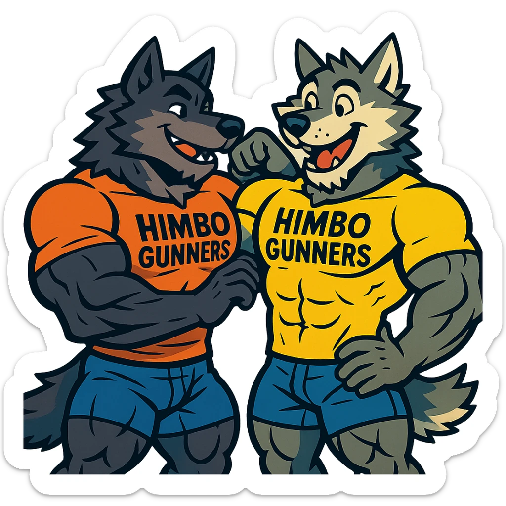 two extremely muscular wolf furries wearing t-shirts that say 'Himbo gunners', touching each other's muscles, friendly and playful expressions, highly detailed fur and anatomy, ultra high quality sticker
