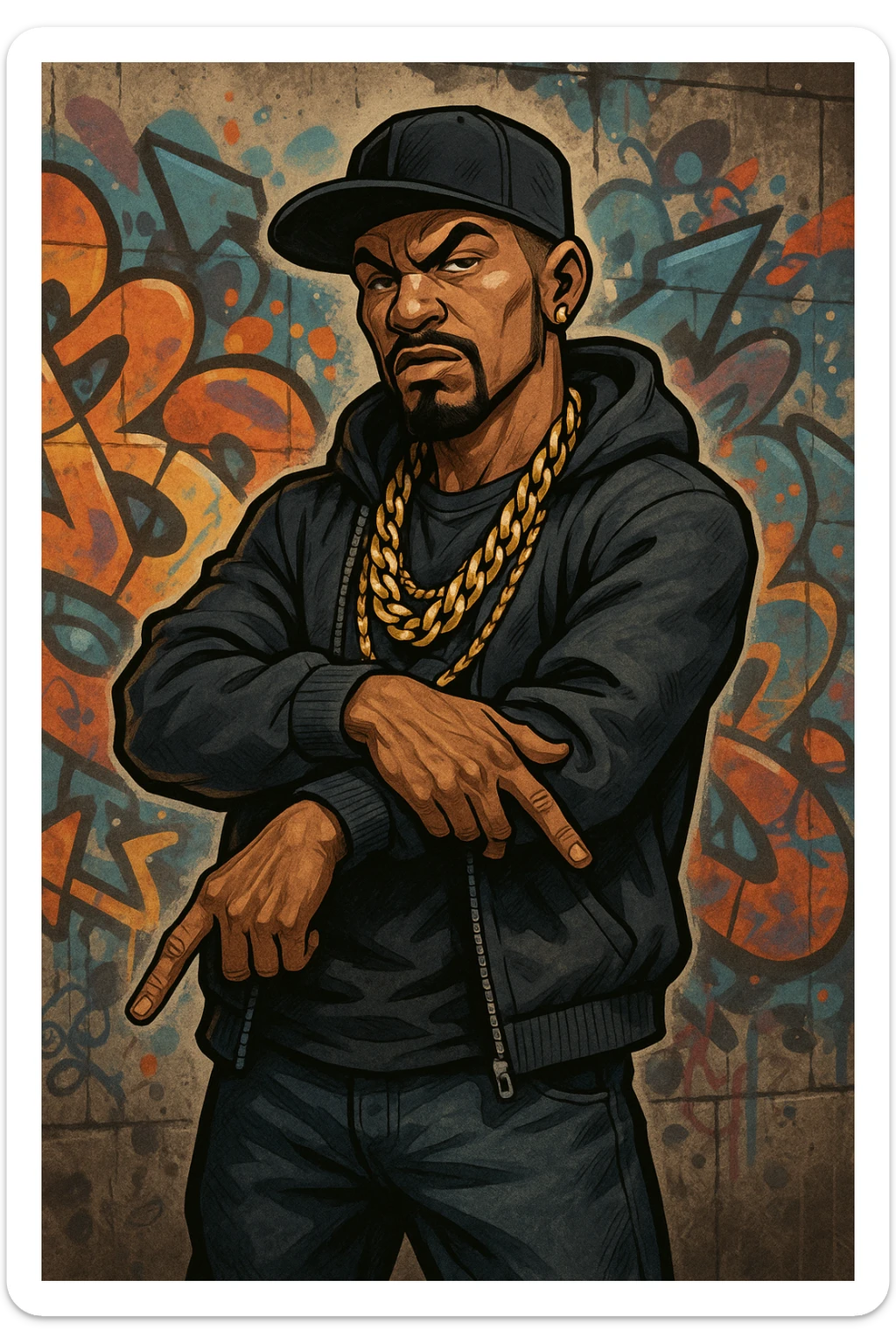 gangster character, urban street style, gold chains, confident pose sticker