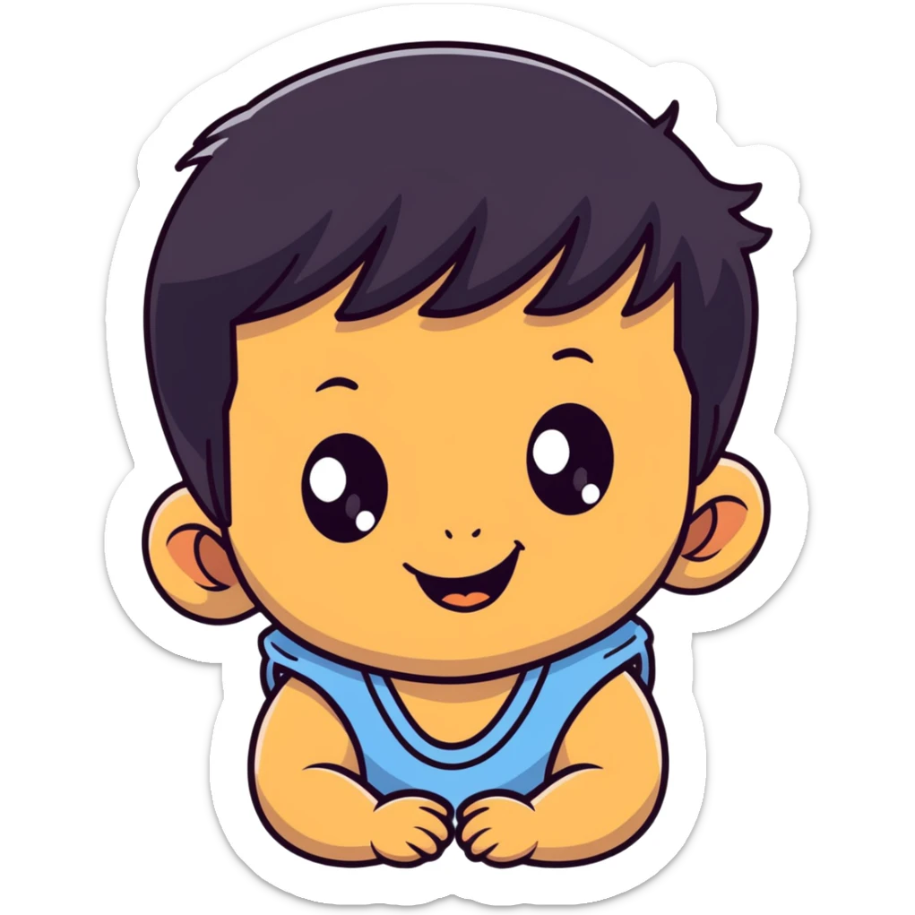 Smiling baby boy face with big eyes, medium skin tone, and black hair sticker