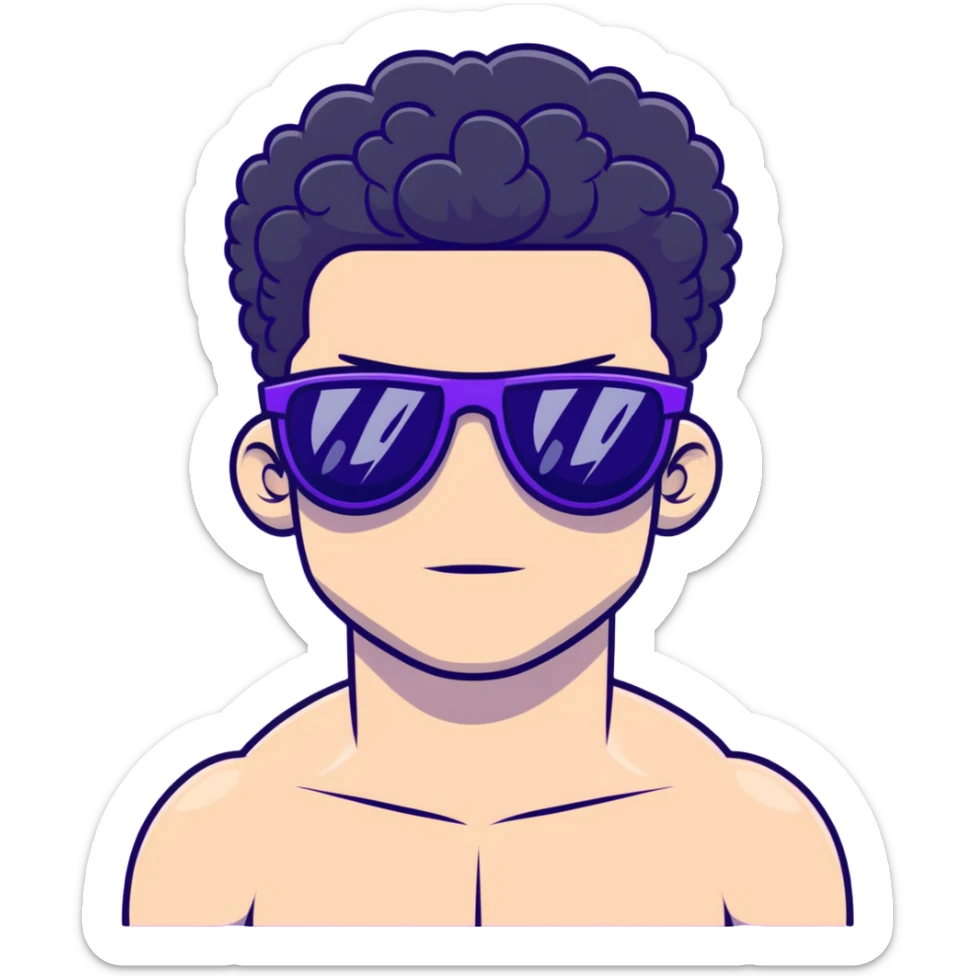 shirtless male athlete with white skin and moderately curly black hair on top with shaved sides, wearing purple sunglasses with black tinted lenses sticker