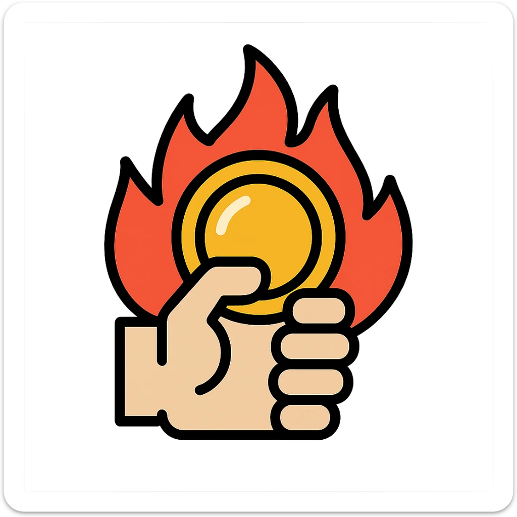 hand gripping a shiny coin, surrounded by flames, colorful icon with black outlines sticker