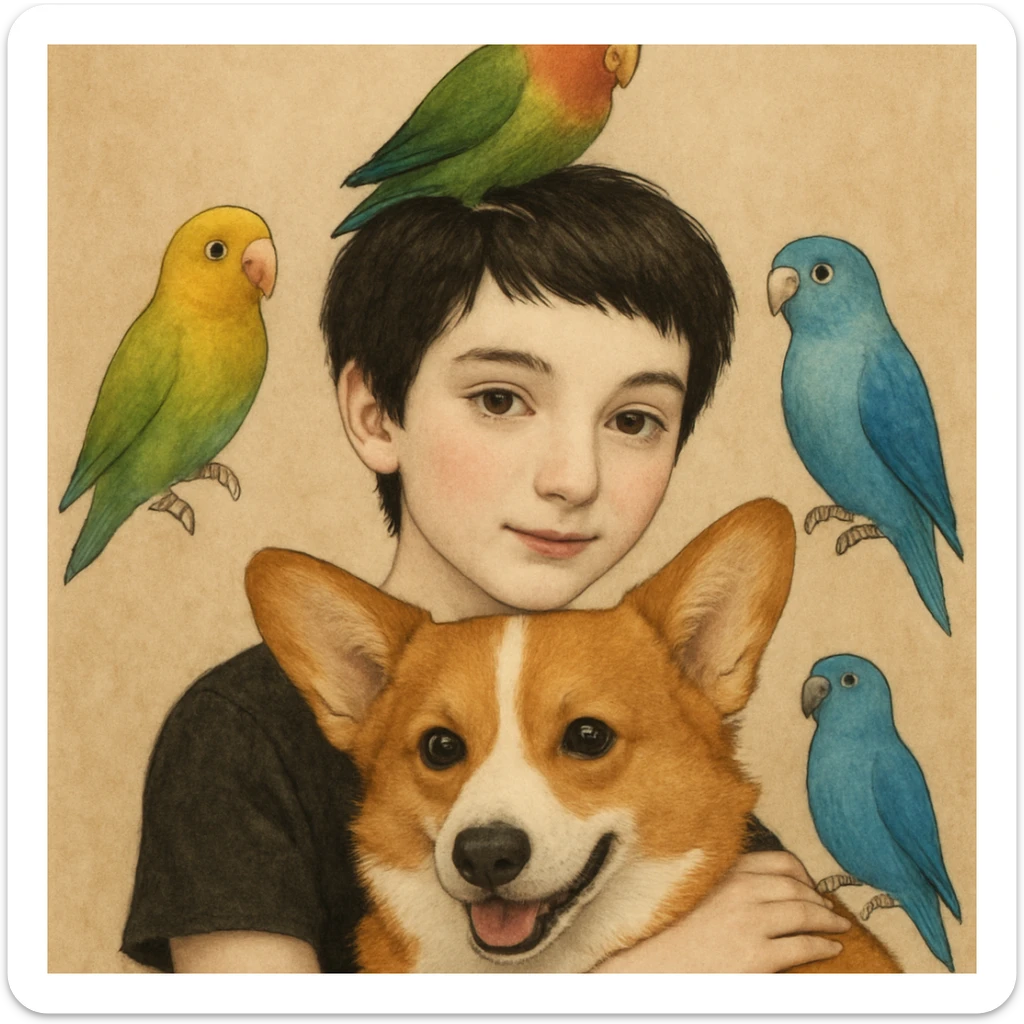 Dark short hair, dark brown eyes with pale skin and thin eyebrows girl hugging a welsh corgi. And a green-reddish lovebird on her head with yellow, blue love birds around her. sticker