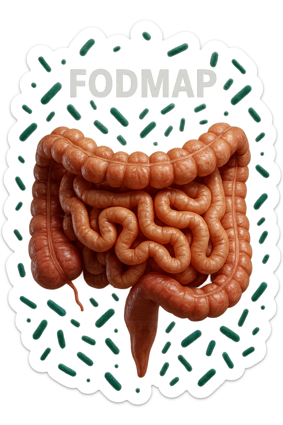 intestino umano anatomico con parole FODMAP CHE GLI FLUTTUANO INTORNO INSIEME A BATTERI INTESTINALI, iperrealistica 4k sticker