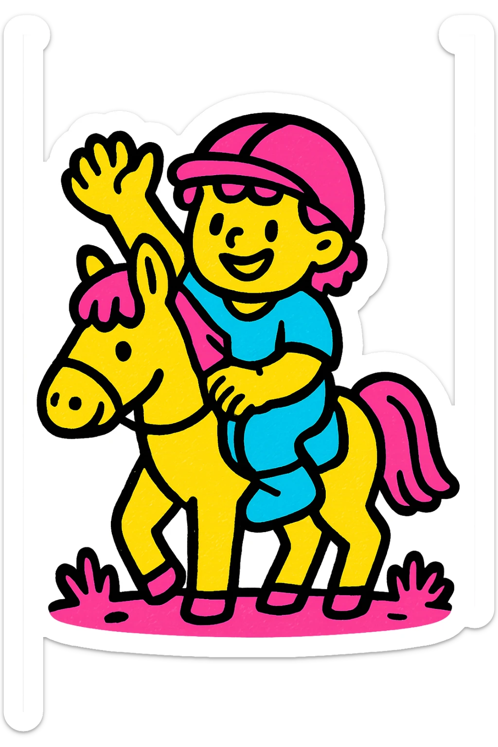 vivid color icon of a child on a horse, approachable and fun, clear outlines sticker