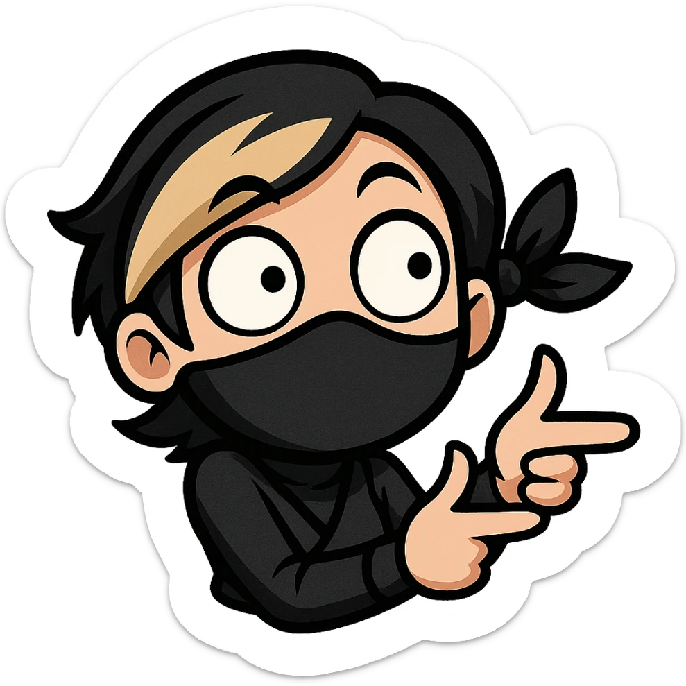 Sexy chibi ninja girl with black short hair and a blonde streak, only head and arms, making a finger gun gesture, bold outlines, no mask, making a goofy cross-eyed expression, sized for Twitch emoji use. sticker