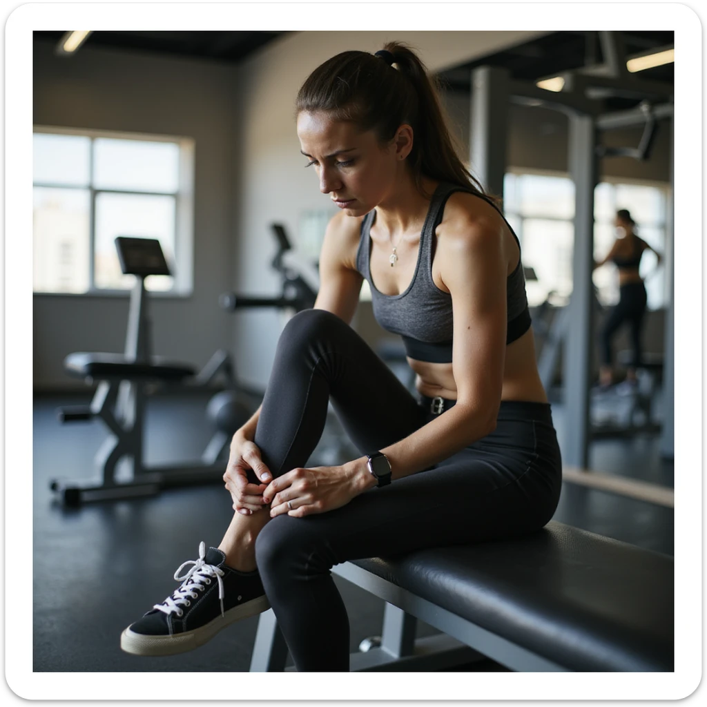 realistic 4K woman sitting on gym bench, removing shoe and looking at insole with doubtful expression, bright realistic environment sticker