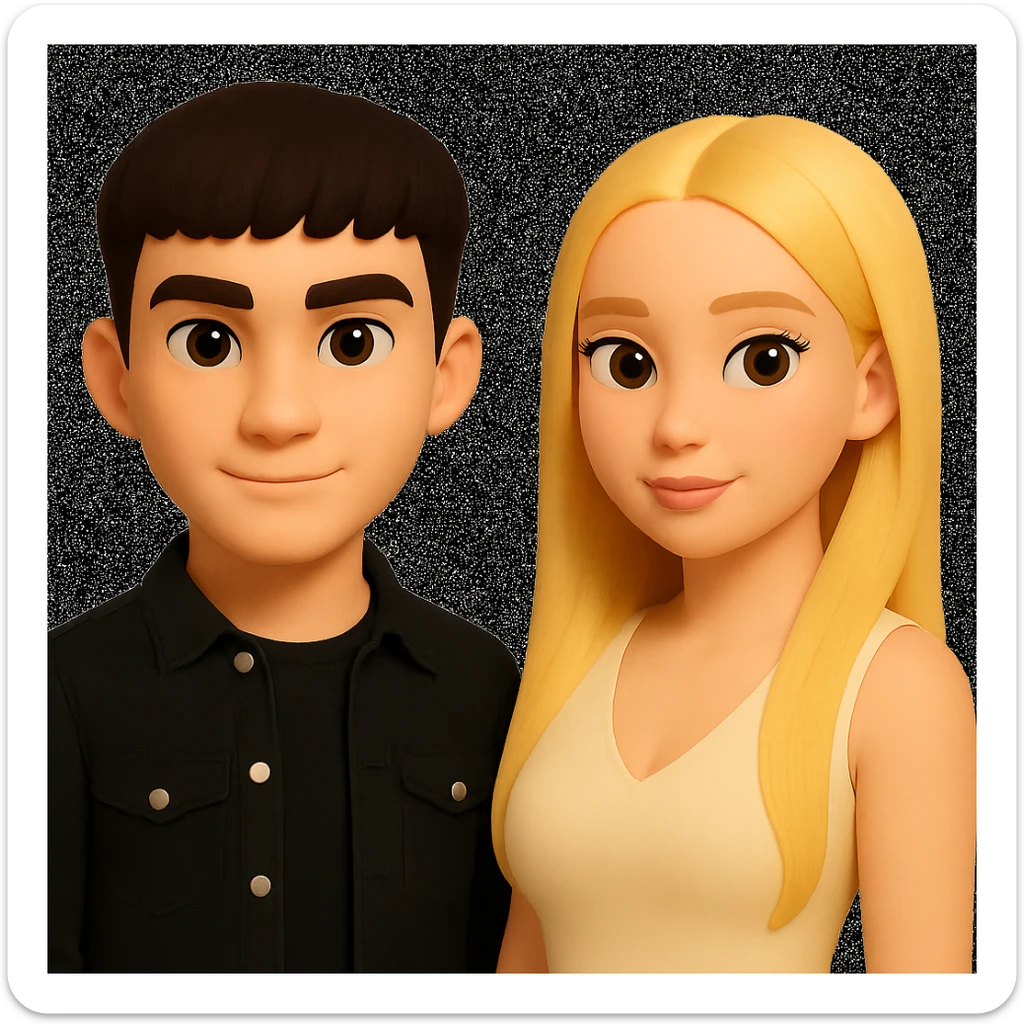 Slightly increase the volume of the upper body of the girl, separate the girl and the boy from each other, and make the skin color the same for both characters. Maintain the cartoonish 3D style in the edit. sticker