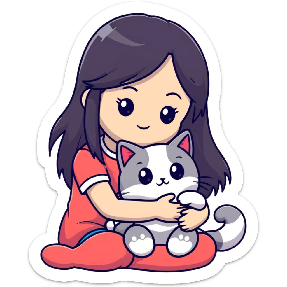 Girl with straight black long hair hugging a colorpoint ragdoll plush toy and a tricolor long-haired cat sticker