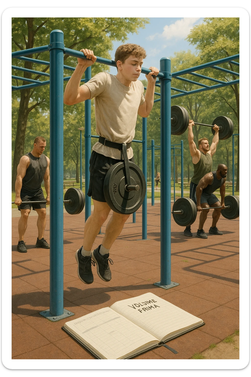 Atleta neofita giovane in un parco attrezzato per streetlifting, fisico ancora in fase iniziale. È intento a eseguire molte ripetizioni di esercizi a corpo libero con pesi leggeri (zavorra moderata), come trazioni e dip su parallele. Accanto a lui un taccuino di allenamento con la scritta 'Volume Prima'. L’atmosfera è luminosa e motivante, con altri atleti più muscolosi che sollevano carichi pesanti, ma lui è concentrato sul gesto tecnico e sulla costanza. Stile realistico, colori naturali, messaggio educativo su priorità all’adattamento progressivo e al volume. sticker