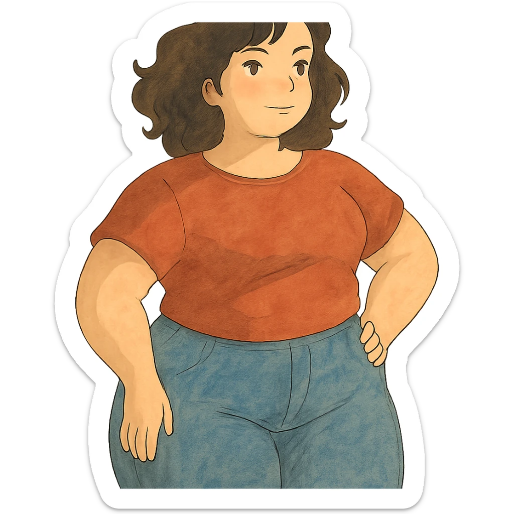 ghibli style soft and artistic illustration of a confident woman with a curvy figure sticker