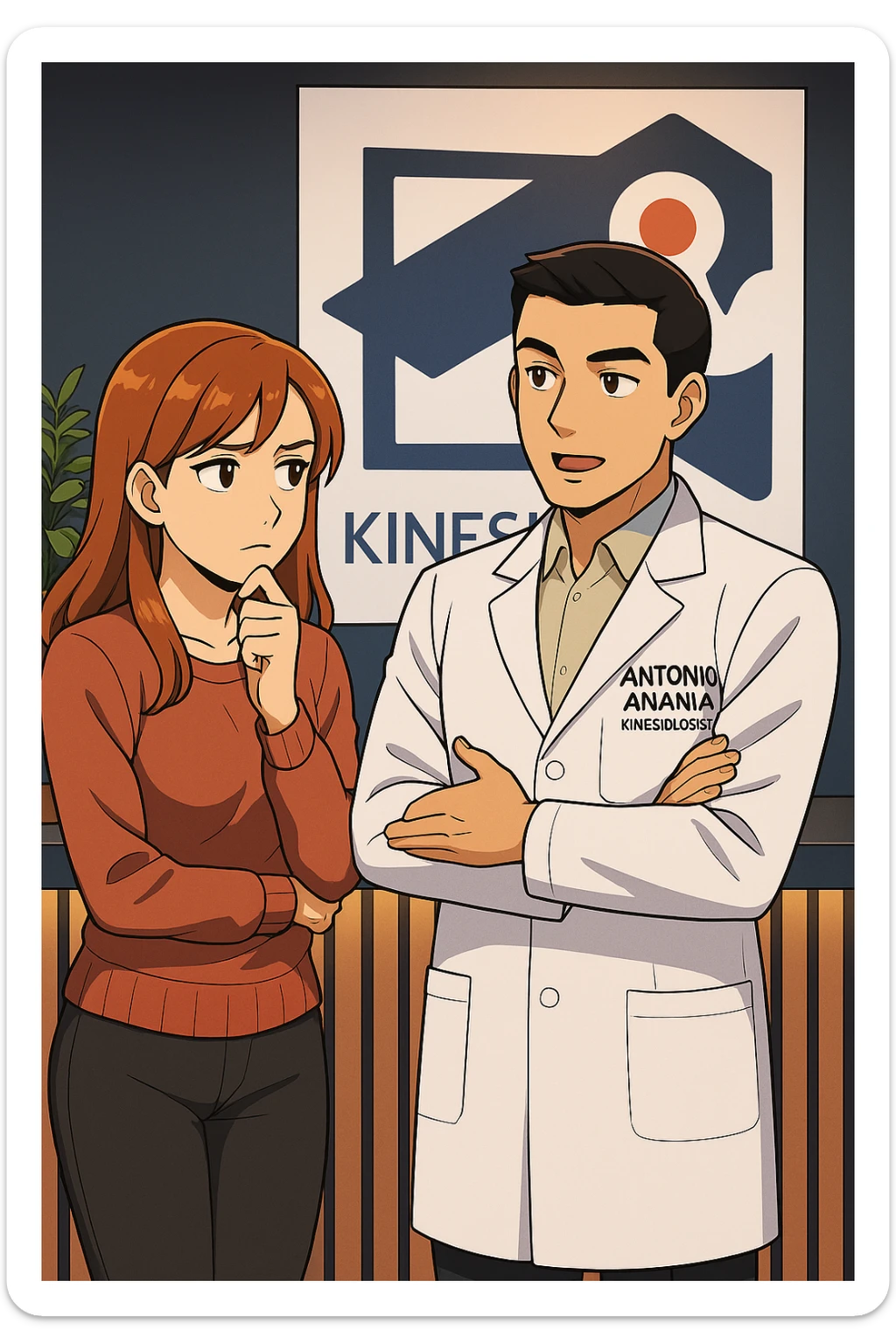 su questo stile fai un manga/webtoon a colori in cui una donna SI TOCCA IL MENTO CON L'INDICE MENTRE ASCOLTA PENSIEROSA L'UOMO, l'uomo della foto in stile manga LE SPIEGA CHE DEVE PROVARE LA SUA VALUTAZIONE MEDICA, mantieni un ambiente simile alla foto che ho allegato con il suo logo (sarebbe il suo studio, lui è un kinesiologo), scrivigli "ANTONIO ANANIA" sul camice bianco, non mettere fumetti, ma fai in modo che sembri che la donna ASCOLTI l'uomo sticker