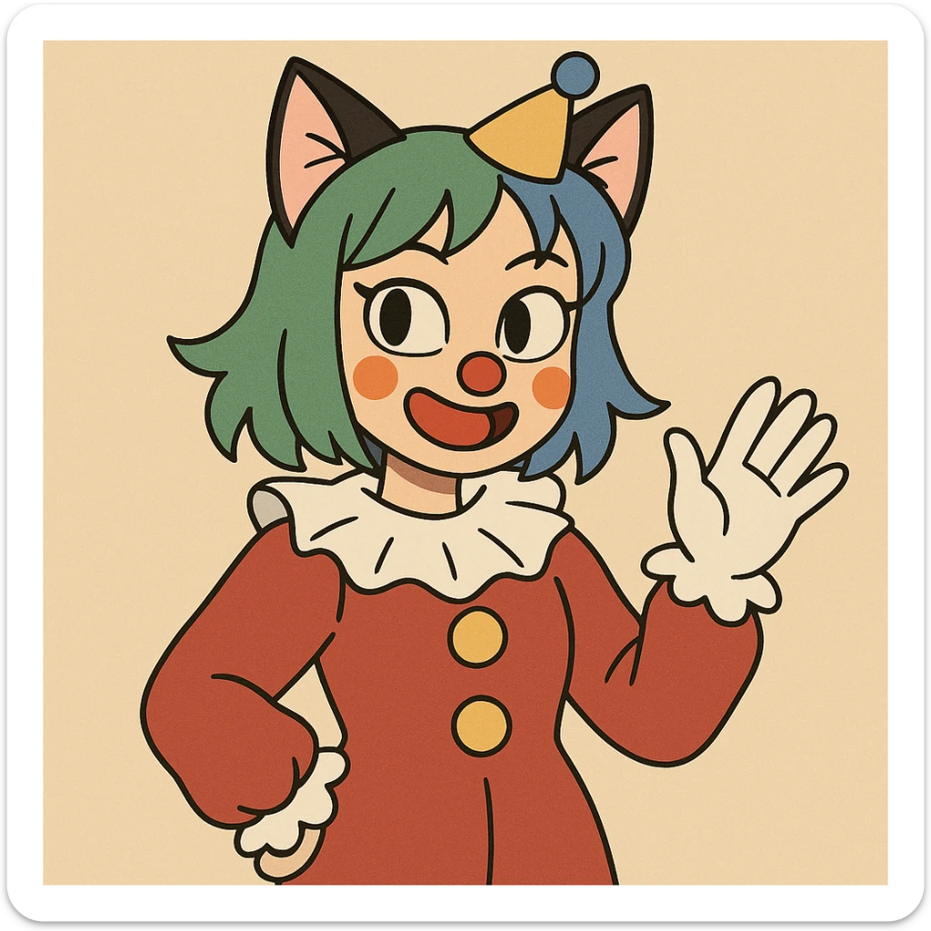 asian girl with cat ears, dressed like a clown, green and blue colored hair, anime-inspired style sticker