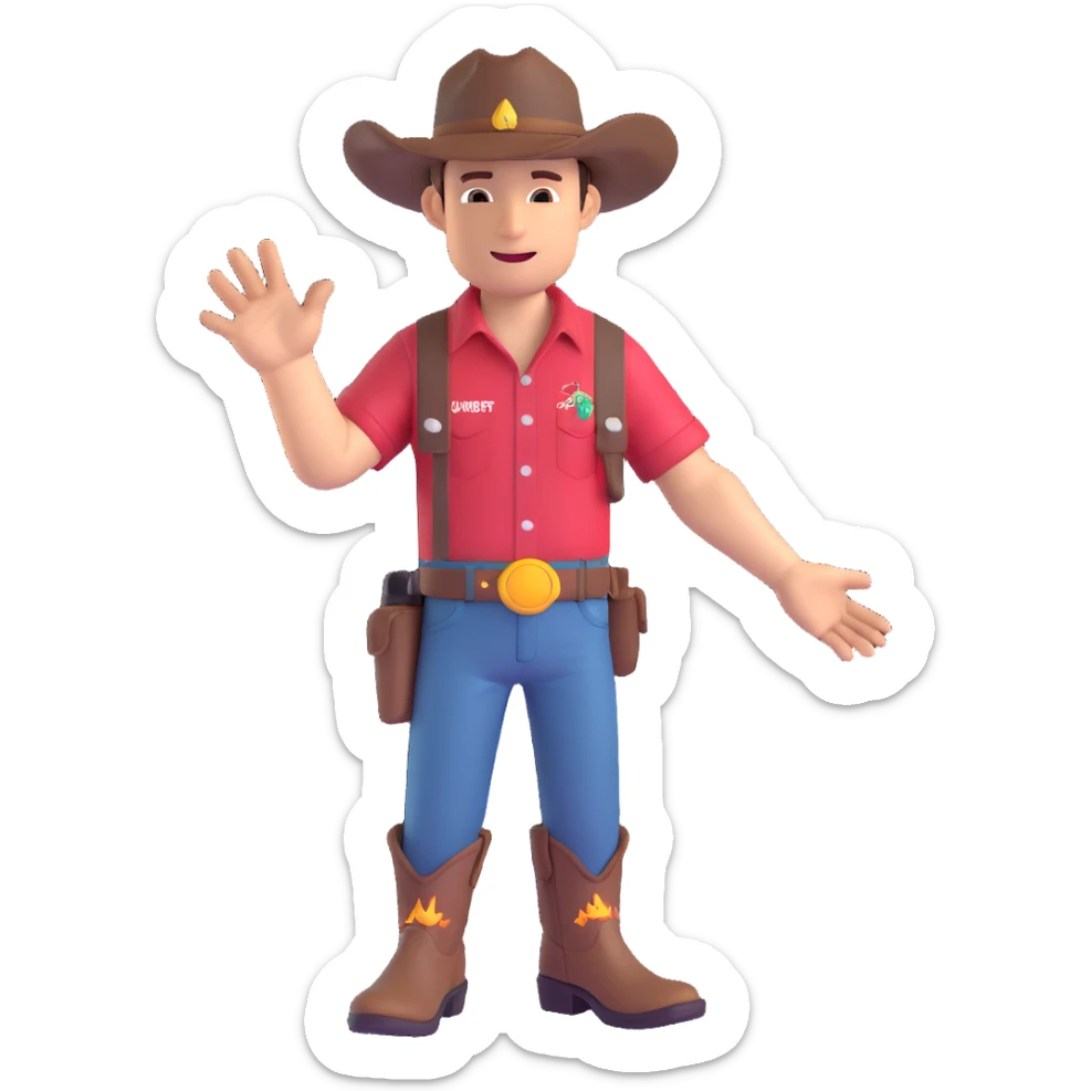 cowboy wearing a Jurassic Park shirt with visible logo, detailed hat and boots, fun and expressive sticker